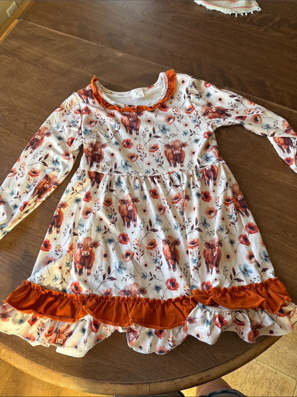 Girls White Floral & Calf Print Long Sleeve Dress with Orange Ruffle